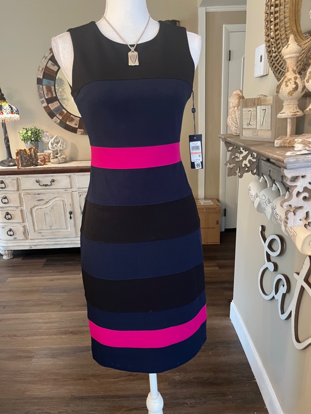 Tommy Hilfiger Navy & Hot Pink Sleeveless Striped Sheath Dress